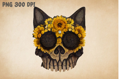 Black Cat Skull And Sunflowers