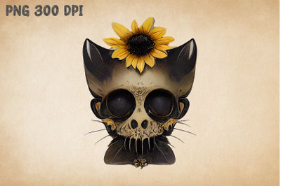 Black Cat Combine With Skull And Flower