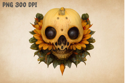 Pumpkin Skull Combine With Sunflowers