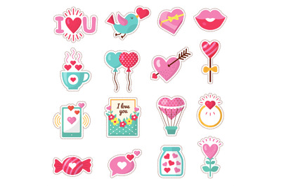 Love stickers. Romantic emblems valentine day symbols heart rose envel