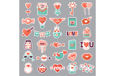 Romantic emblems. Love valentine day stickers flowers drinks envelope