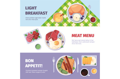 Food banners. Top view products for breakfast templates for banners de