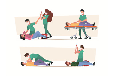 First aid. Emergency help different stages doctors helping people life