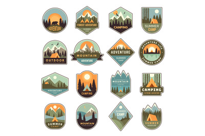 Summer camp badges. Mountain exploring labels outdoor adventure of sco