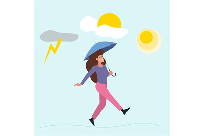 Woman walk from bad mood. Girl with umbrella go to sun&2C; psychology vec