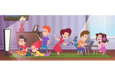 Kids with smartphone. Little persons relaxing at home holding smart ga