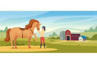 Equestrian background. Domestic horse and rides kids and parents eques