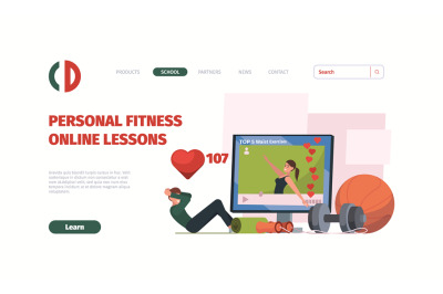 Online sport landing. Home fitness exercises personal web lessons and