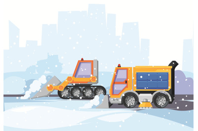 Snow cleaning city. Plowed snow blizzard urban services special vehicl