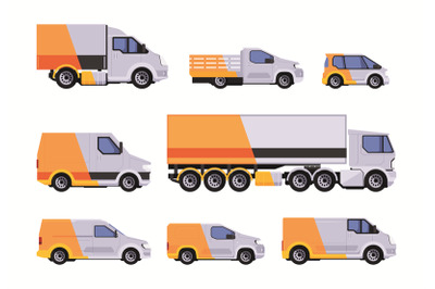 Delivery service. Vehicles yellow cars trucks and vans for post letter