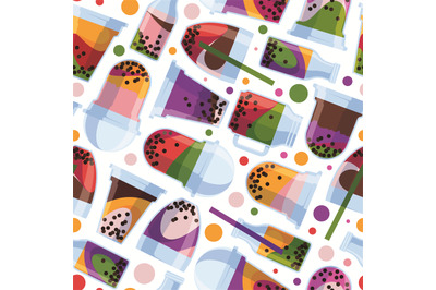 Beverage drinks pattern. Cold liquid bubble tea drinks with milk tapio