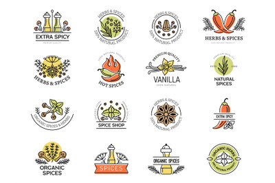 Spices badges. Kitchen preparing food herbal ingredients healthy natur