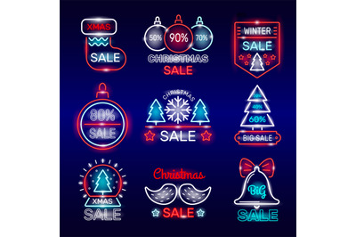 Xmas sales neon badges. New year advertising promotional logotype coll