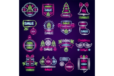 New year sales. Promotional badges xmas neon logotype templates with p