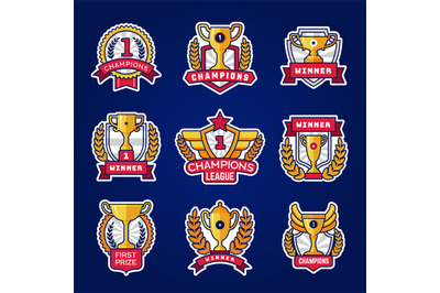 Champion emblem. Sport event team logos with trophy cup recent vector