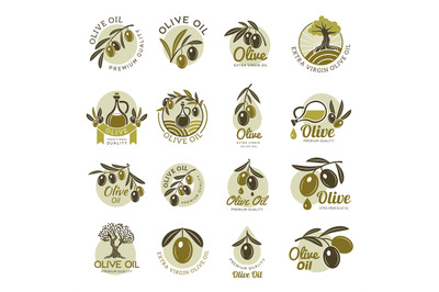 Olive products. Black oil food green plants fruit labels recent vector