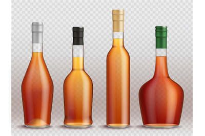 Cognac bottles. Realistic transparent containers for liquid alcohol dr