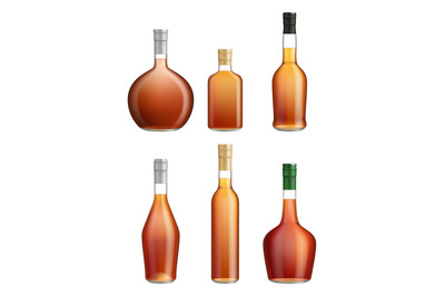 Alcohol bottles. Liquids products transparent containers for cognac te