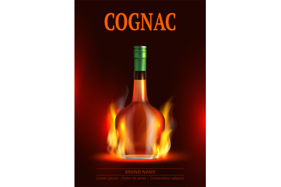 Cognac poster. Whiskey alcoholic drink advertising placard with bottle