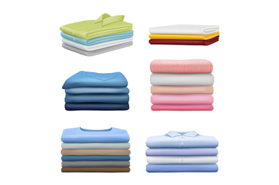 Pile clothes. Realistic fashioned stacked laundry colored clothes pant