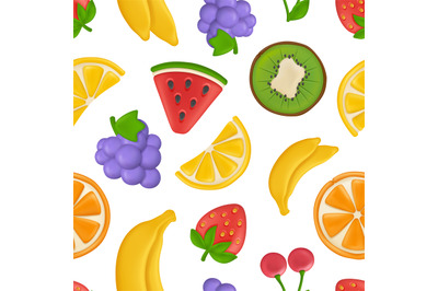 Fruits pattern. Plasticine stylized products orange strawberry cherry