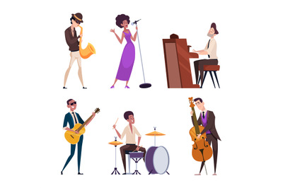 Jazz characters. Music band with eccentric guitar and saxophone player