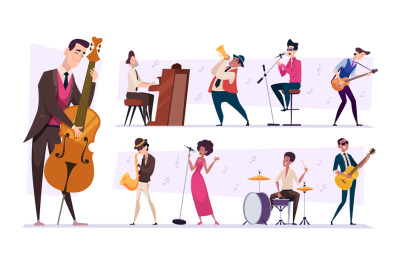 Jazz band. Cartoon musicians characters playing on guitar sax and pian