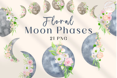 Watercolor Floral Moon Clipart. Moon Phases. Celestial PNG