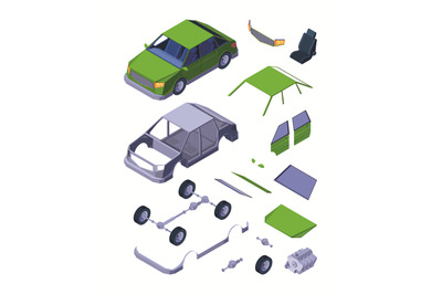 Isometric car parts. Auto service detailed tools mechanical parts coll