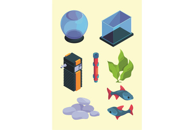 Aquarium isometric. Decorative tools for interior water domestic pets