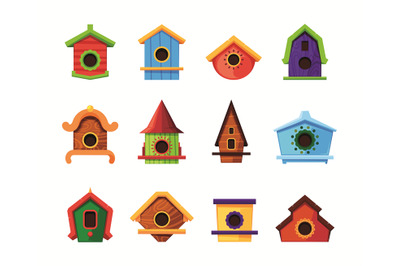 Colored bird houses. Wooden roofed living containers for flying birds