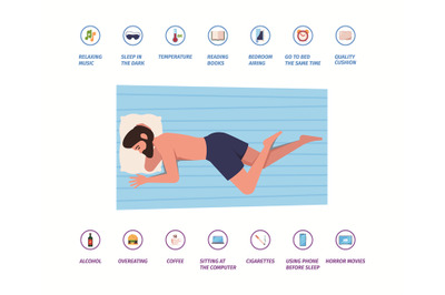 Sleeping rules. Relaxing poses and foods nutrition for healthy sleep b