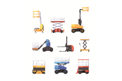 Machine lifts. Construction moving heavy machines with lifts for cargo