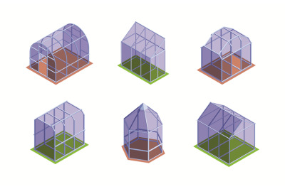 Greenhouse isometric. Garden transparent houses for growing plants veg