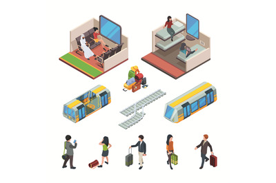 Metro trains. Urban underground metropoliten isometric items inside ra