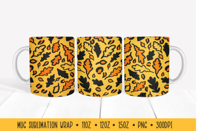 Oak Leaves Mug Wrap. Fall Leopard Print Mug Sublimation