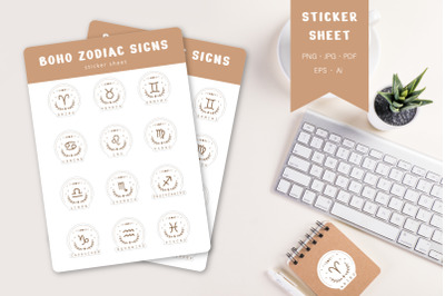 Boho zodiac signs stickers set