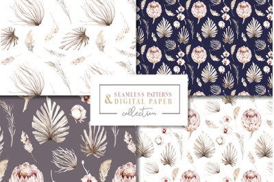 Watercolor blossom flower protea &amp; floral palm seamless pattern