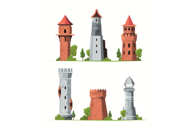 Towers. Medieval fairytale castles fortress towers bastion in cartoon