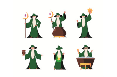 Magician character. Fantasy old wizard with magic stuff medieval fabul