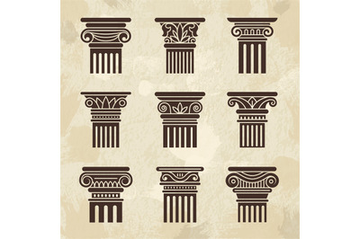 Antique columns. Ancient architecture museum exhibition pillars greek