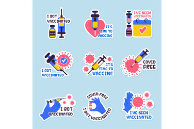 Vaccination badges. Healthcare attention labels medicine prevention sy