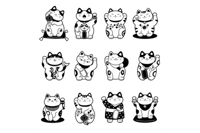 Asian cat. Stylized monochrome labels of maneki neko traditional asian