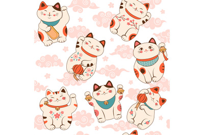 Asian cat pattern. Maneki neko character of fortune and lucky cheerful