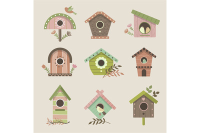 Birdhouse. Decorative colored wooden homes for flying birds garden vin