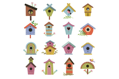 Wooden birdhouse. Garden little houses on branches wooden living room