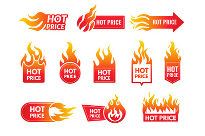 Hot price. Promotional badges with stylized flame shopping sales deals