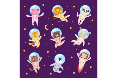 Space travellers animals. Universe with cute animals astronauts in pro