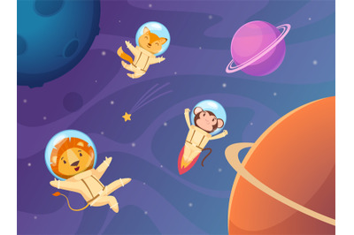 Animals in space. Cartoon funny astronaut travellers in helmet and jum