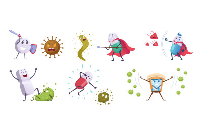 Antibiotic fight characters. Virus funny symbols healthy protection co